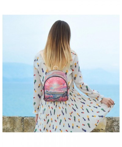 Rainbow Star Mini Backpack Purse for Women, Pink Flower Small Fashion Backpack PU Leather Casual Daypack Travel Shoulder Bags...