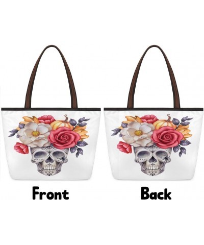 Skull Flowers Pumpkin Large Tote Bag For Women Shoulder Handbags with Zippper Top Handle Satchel Bags for Shopping Travel Gym...