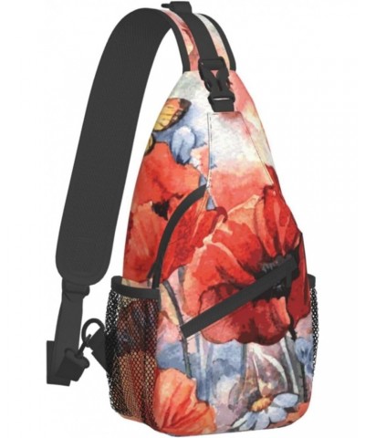 Watercolor Red Poppy and Butterfly Sling Bag Crossbody Travel Hiking Chest Backpack Shoulder Daypack for Women Men $14.20 Cro...