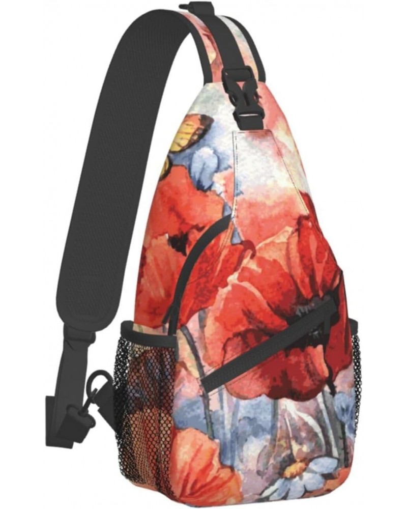 Watercolor Red Poppy and Butterfly Sling Bag Crossbody Travel Hiking Chest Backpack Shoulder Daypack for Women Men $14.20 Cro...