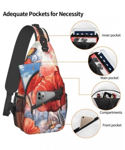 Watercolor Red Poppy and Butterfly Sling Bag Crossbody Travel Hiking Chest Backpack Shoulder Daypack for Women Men $14.20 Cro...