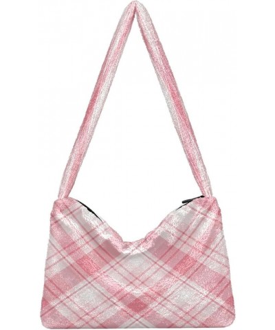 Plaid Shoulder Purse Bag, Plush Tote Women Designer Hobo Handbags Pink Colors Plaid Rhombic $10.08 Totes