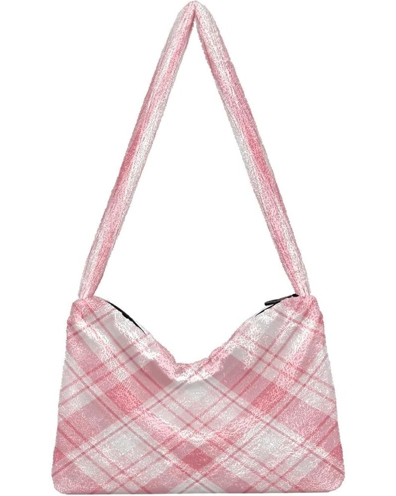 Plaid Shoulder Purse Bag, Plush Tote Women Designer Hobo Handbags Pink Colors Plaid Rhombic $10.08 Totes