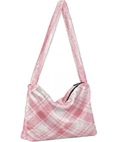 Plaid Shoulder Purse Bag, Plush Tote Women Designer Hobo Handbags Pink Colors Plaid Rhombic $10.08 Totes