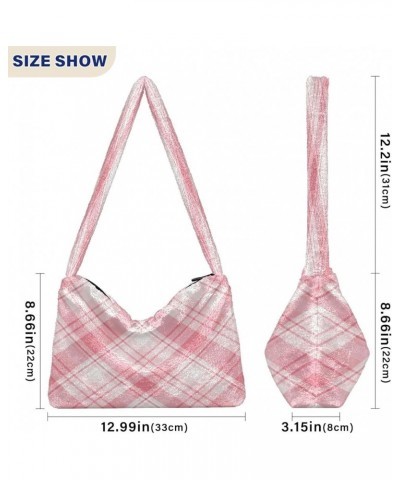 Plaid Shoulder Purse Bag, Plush Tote Women Designer Hobo Handbags Pink Colors Plaid Rhombic $10.08 Totes