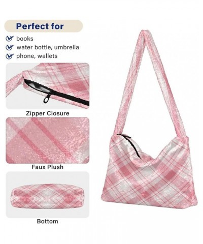 Plaid Shoulder Purse Bag, Plush Tote Women Designer Hobo Handbags Pink Colors Plaid Rhombic $10.08 Totes