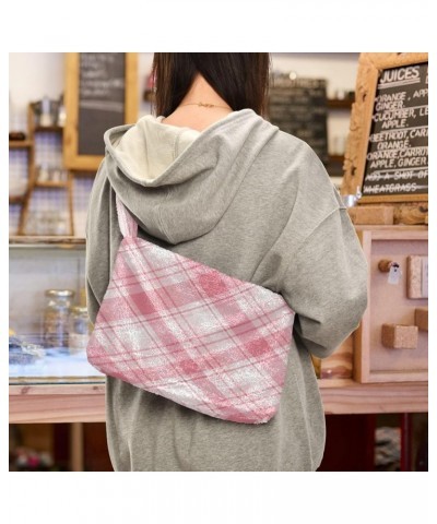 Plaid Shoulder Purse Bag, Plush Tote Women Designer Hobo Handbags Pink Colors Plaid Rhombic $10.08 Totes