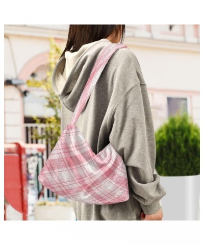 Plaid Shoulder Purse Bag, Plush Tote Women Designer Hobo Handbags Pink Colors Plaid Rhombic $10.08 Totes