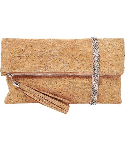 Women's Cork Material Foldover Clutch with Tassel Silver $22.76 Clutches