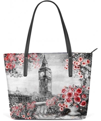 Large Shoulder Bag Pu Leather Tote Top Handle Handbag Vintage Big Ben Floral Roses For Women Girls $17.27 Shoulder Bags