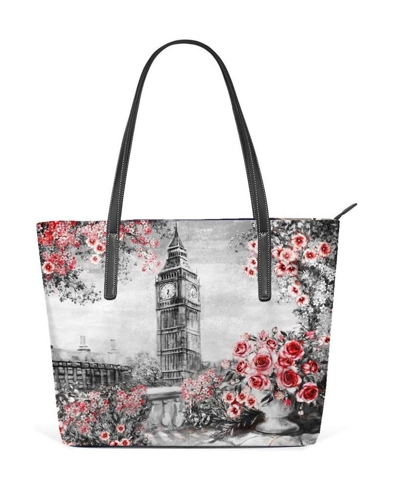 Large Shoulder Bag Pu Leather Tote Top Handle Handbag Vintage Big Ben Floral Roses For Women Girls $17.27 Shoulder Bags