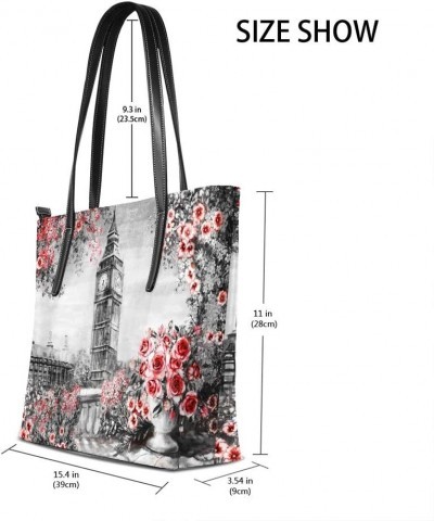 Large Shoulder Bag Pu Leather Tote Top Handle Handbag Vintage Big Ben Floral Roses For Women Girls $17.27 Shoulder Bags