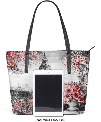 Large Shoulder Bag Pu Leather Tote Top Handle Handbag Vintage Big Ben Floral Roses For Women Girls $17.27 Shoulder Bags