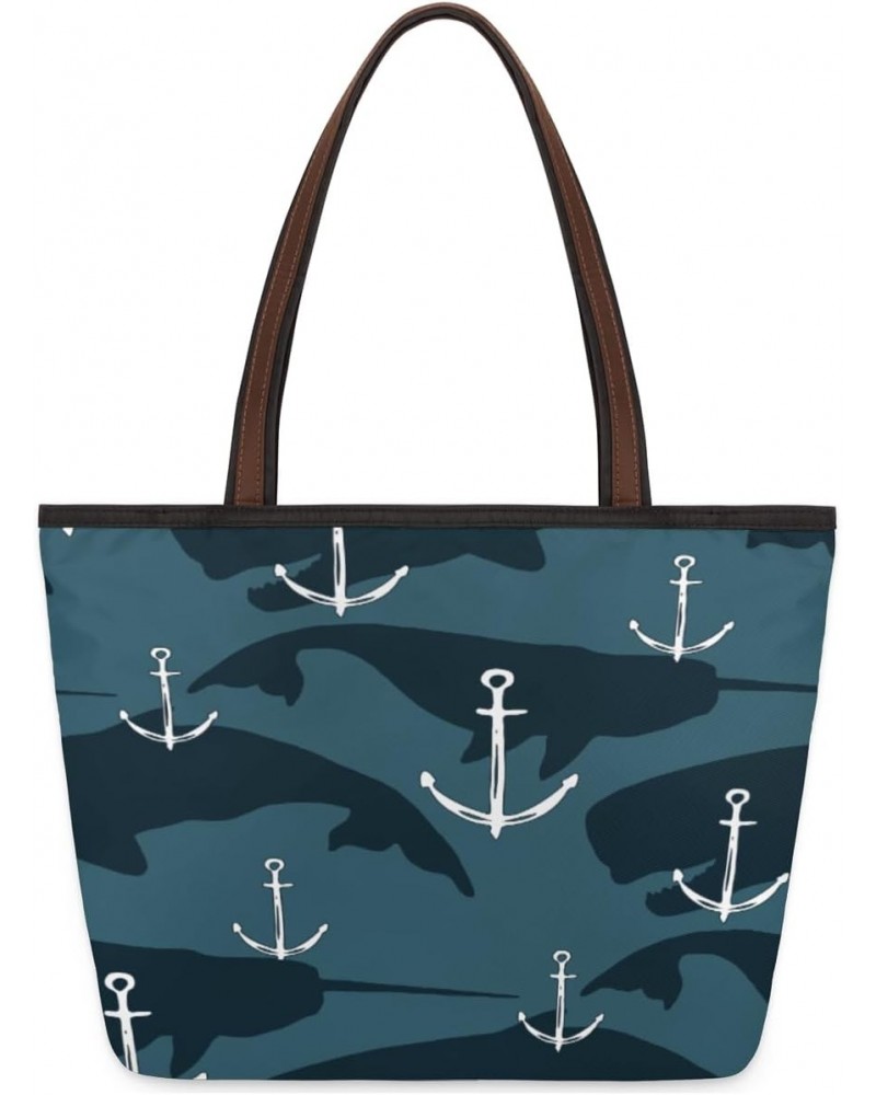 Anchor Narwhale Large Tote Bag For Women Shoulder Handbags with Zippper Top Handle Satchel Bags for Shopping Travel Gym Work ...