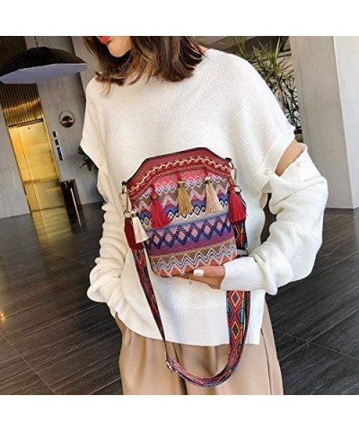 Fashion Ethnic Style Women's Straw Woven Shoulder Messenger Bag Retro Casual Bucket Bag Red $8.79 Handbags