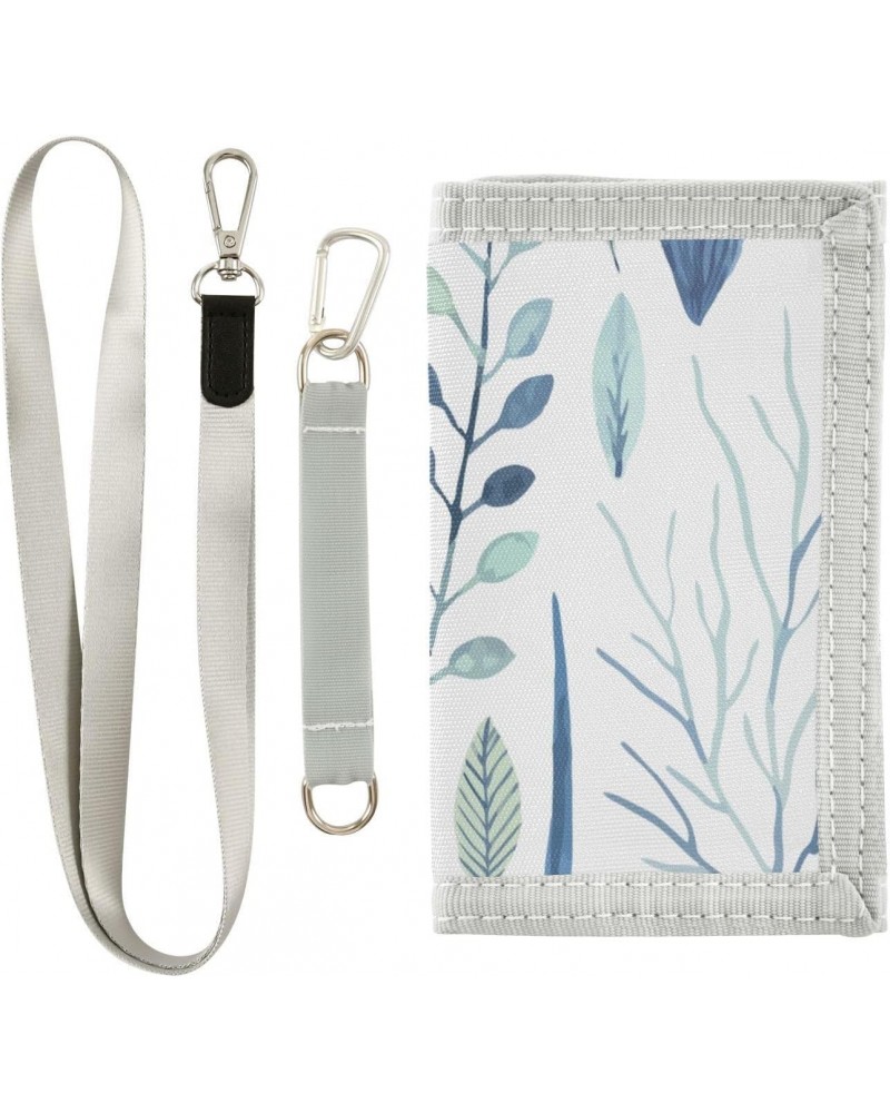 Blue Leaves Trifold Wallet Fabric Wallet Small Nylon Wallet Card Wallet with Lanyard $9.68 Wallets