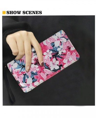 Leather Wristlet Purse Womens Wallet Durable Zip Card Holder Handbag Slim Phone Bag Pink Hibiscus Flower Butterfly $11.04 Wri...