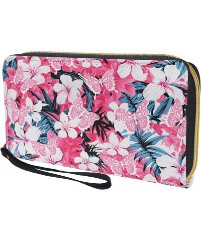 Leather Wristlet Purse Womens Wallet Durable Zip Card Holder Handbag Slim Phone Bag Pink Hibiscus Flower Butterfly $11.04 Wri...