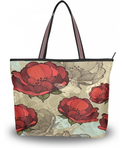 Womens Tote Bag, Abstract Red Flowers Butterfly Ladies Zip Shoulder Handbags $13.43 Shoulder Bags