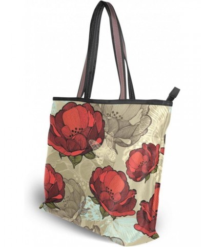 Womens Tote Bag, Abstract Red Flowers Butterfly Ladies Zip Shoulder Handbags $13.43 Shoulder Bags