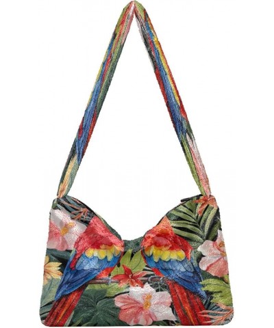 Watercolor Watermelon Plush Underarm Bag, Tote Bag with Zipper Closure, Womens Outdoor Bag Parrots and Tropical Flowers-6 $12...