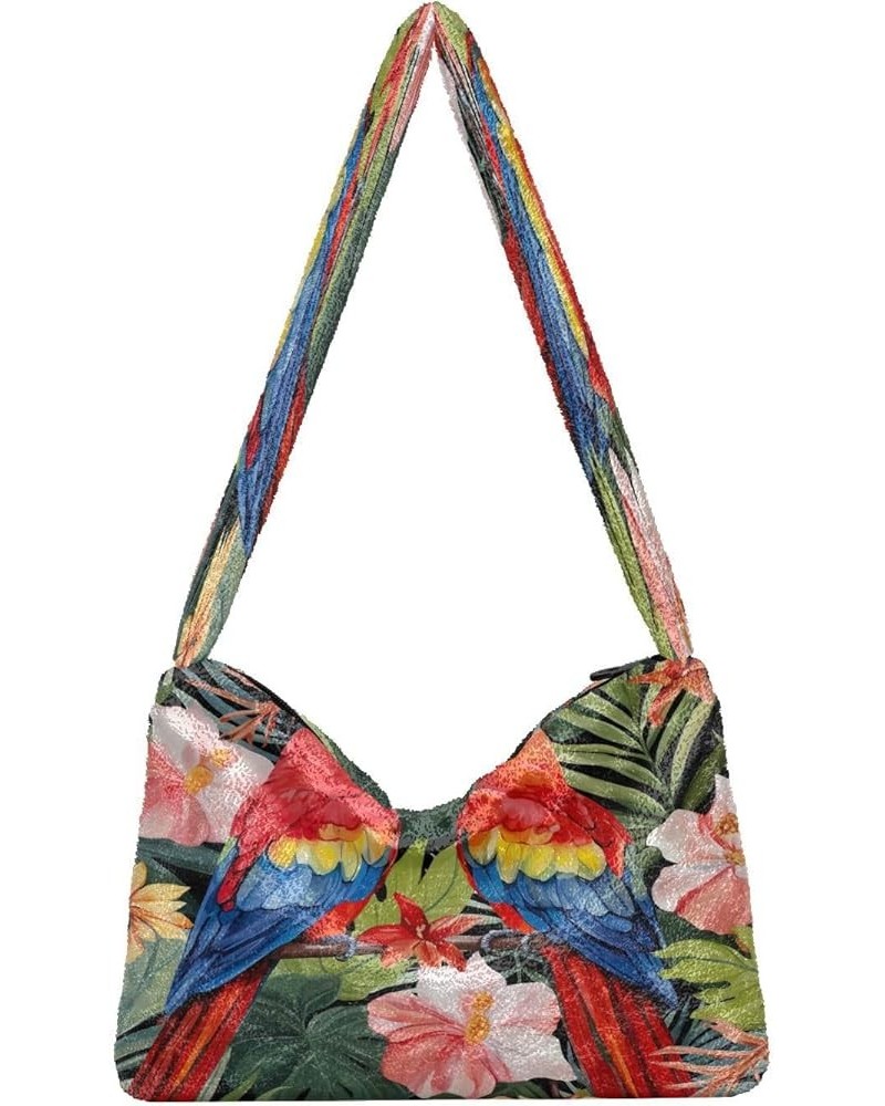 Watercolor Watermelon Plush Underarm Bag, Tote Bag with Zipper Closure, Womens Outdoor Bag Parrots and Tropical Flowers-6 $12...