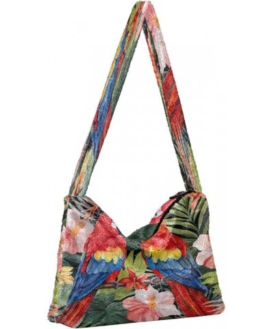 Watercolor Watermelon Plush Underarm Bag, Tote Bag with Zipper Closure, Womens Outdoor Bag Parrots and Tropical Flowers-6 $12...