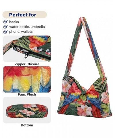 Watercolor Watermelon Plush Underarm Bag, Tote Bag with Zipper Closure, Womens Outdoor Bag Parrots and Tropical Flowers-6 $12...