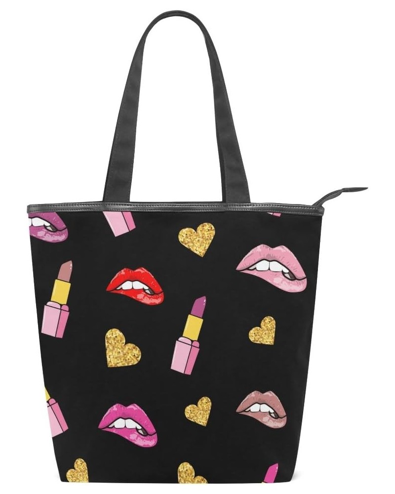 Tote Canvas Shoulder Bag Lip And Lipstick Retro Style Womens Handbag $12.95 Shoulder Bags