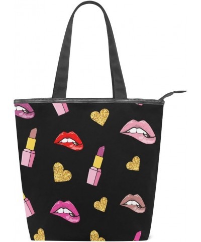 Tote Canvas Shoulder Bag Lip And Lipstick Retro Style Womens Handbag $12.95 Shoulder Bags