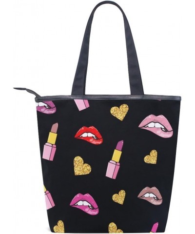 Tote Canvas Shoulder Bag Lip And Lipstick Retro Style Womens Handbag $12.95 Shoulder Bags