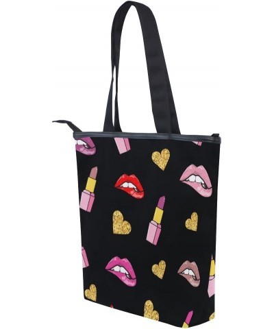 Tote Canvas Shoulder Bag Lip And Lipstick Retro Style Womens Handbag $12.95 Shoulder Bags