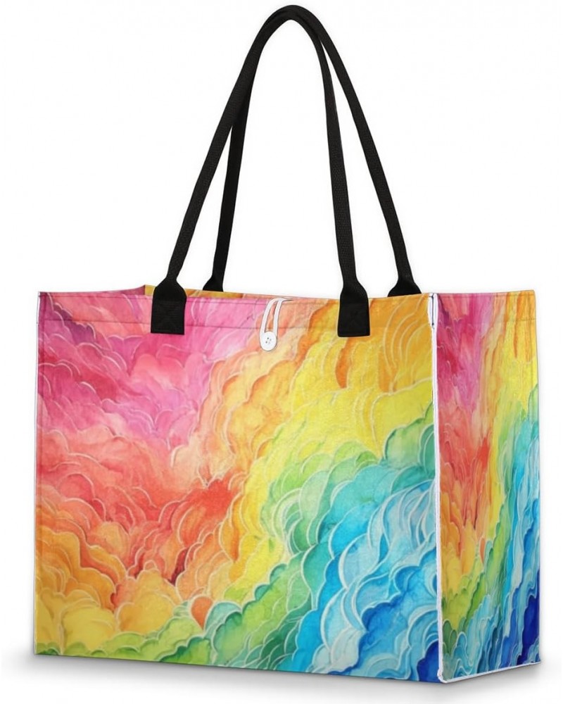 Rainbow Color Clouds Cute Tote Bag with Digital Printing | Multi-Surface Design | Interior Pockets & Exterior Buttons | Ideal...