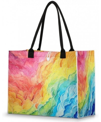 Rainbow Color Clouds Cute Tote Bag with Digital Printing | Multi-Surface Design | Interior Pockets & Exterior Buttons | Ideal...