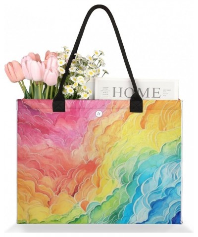 Rainbow Color Clouds Cute Tote Bag with Digital Printing | Multi-Surface Design | Interior Pockets & Exterior Buttons | Ideal...