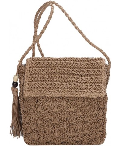 Summer Shoulder Bag with Tassels Straw Woven Bag Handmade Fashion Simple Flap Pocket Hollow-out for Seaside Holiday Khaki $8....