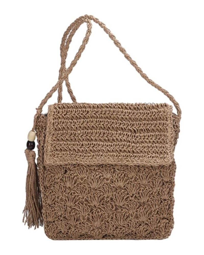 Summer Shoulder Bag with Tassels Straw Woven Bag Handmade Fashion Simple Flap Pocket Hollow-out for Seaside Holiday Khaki $8....