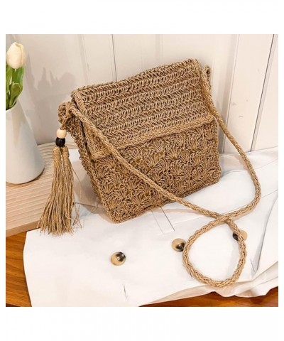 Summer Shoulder Bag with Tassels Straw Woven Bag Handmade Fashion Simple Flap Pocket Hollow-out for Seaside Holiday Khaki $8....