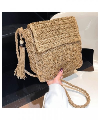 Summer Shoulder Bag with Tassels Straw Woven Bag Handmade Fashion Simple Flap Pocket Hollow-out for Seaside Holiday Khaki $8....