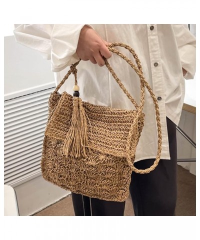 Summer Shoulder Bag with Tassels Straw Woven Bag Handmade Fashion Simple Flap Pocket Hollow-out for Seaside Holiday Khaki $8....