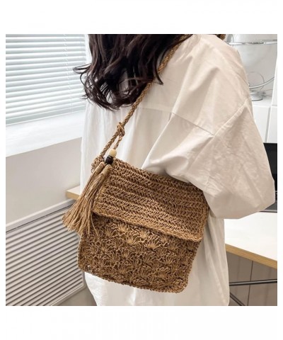 Summer Shoulder Bag with Tassels Straw Woven Bag Handmade Fashion Simple Flap Pocket Hollow-out for Seaside Holiday Khaki $8....