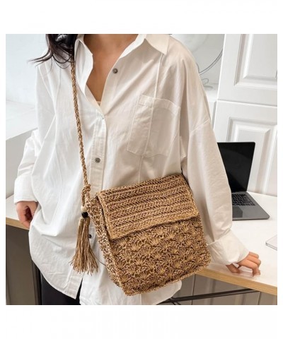 Summer Shoulder Bag with Tassels Straw Woven Bag Handmade Fashion Simple Flap Pocket Hollow-out for Seaside Holiday Khaki $8....