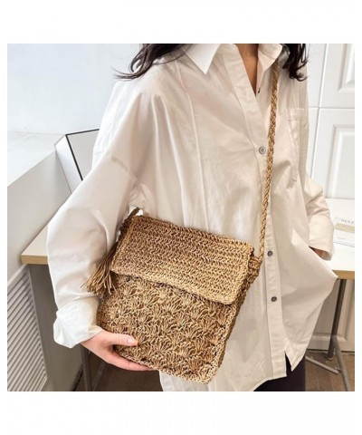 Summer Shoulder Bag with Tassels Straw Woven Bag Handmade Fashion Simple Flap Pocket Hollow-out for Seaside Holiday Khaki $8....