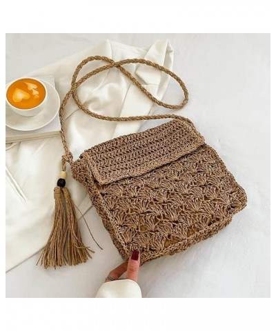 Summer Shoulder Bag with Tassels Straw Woven Bag Handmade Fashion Simple Flap Pocket Hollow-out for Seaside Holiday Khaki $8....