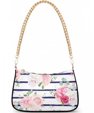 Rose Peony Flowers Shoulder Bag for Women Fabric Crescent Handbag with Zipper Chain Clutch Purses for Concert Teen Girls Trav...