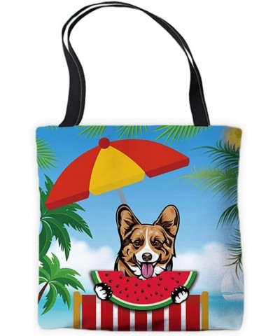 Summer Watermelon Canvas Tote Bags Peeking Dog Pembroke Welsh Corgi Funny Puppy Palm Tree Parasol Beach Chair Handbags Pembro...