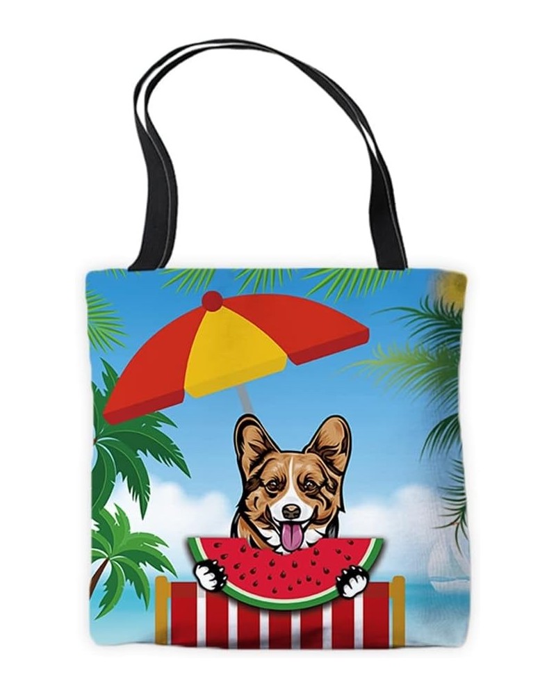 Summer Watermelon Canvas Tote Bags Peeking Dog Pembroke Welsh Corgi Funny Puppy Palm Tree Parasol Beach Chair Handbags Pembro...