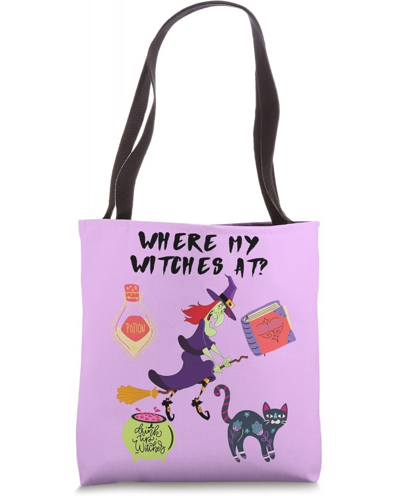 Halloween Where My Witches AT Spell Wine Cat Broom Brew Pot Tote Bag $13.80 Totes