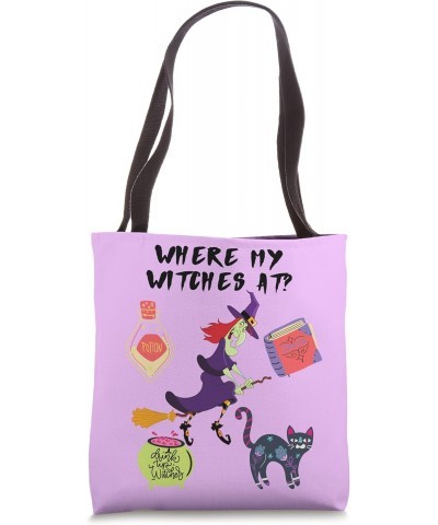 Halloween Where My Witches AT Spell Wine Cat Broom Brew Pot Tote Bag $13.80 Totes