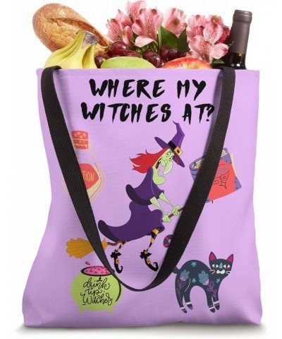 Halloween Where My Witches AT Spell Wine Cat Broom Brew Pot Tote Bag $13.80 Totes